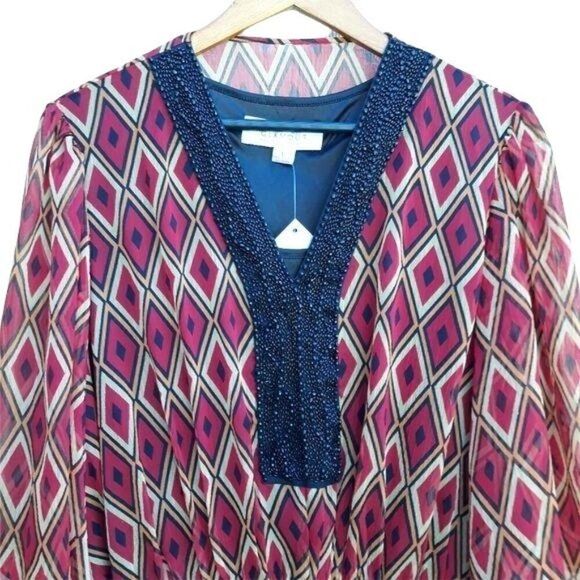 Badgley Mischka Mod Ikat Sheer Kimono Sleeve Beaded V-neck Cinched Top Red Sz L - Picture 5 of 16